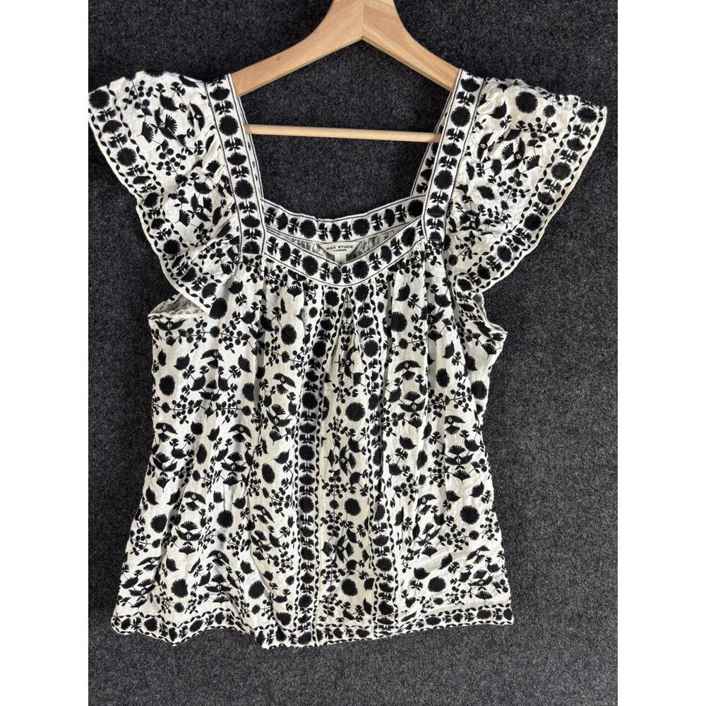 Max Studio Blouse Women L Large White Floral Square Neck Short Sleeve Cotton